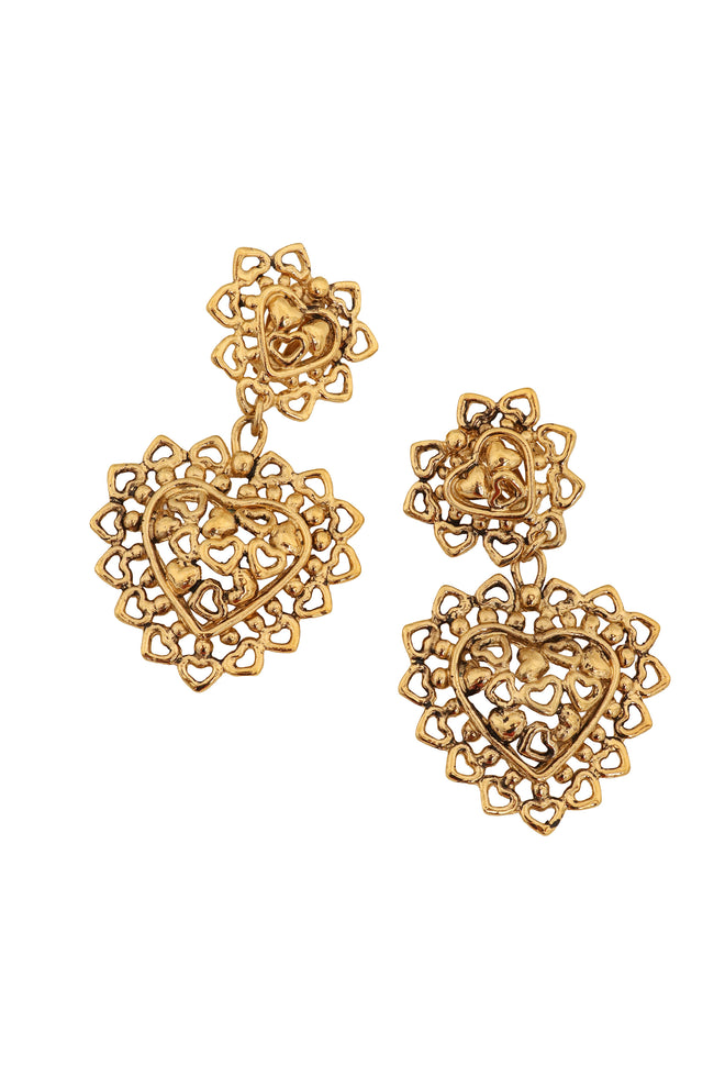 Vintage Mosaique Paris Filigree Heart Drop Earrings close @ Recess LA