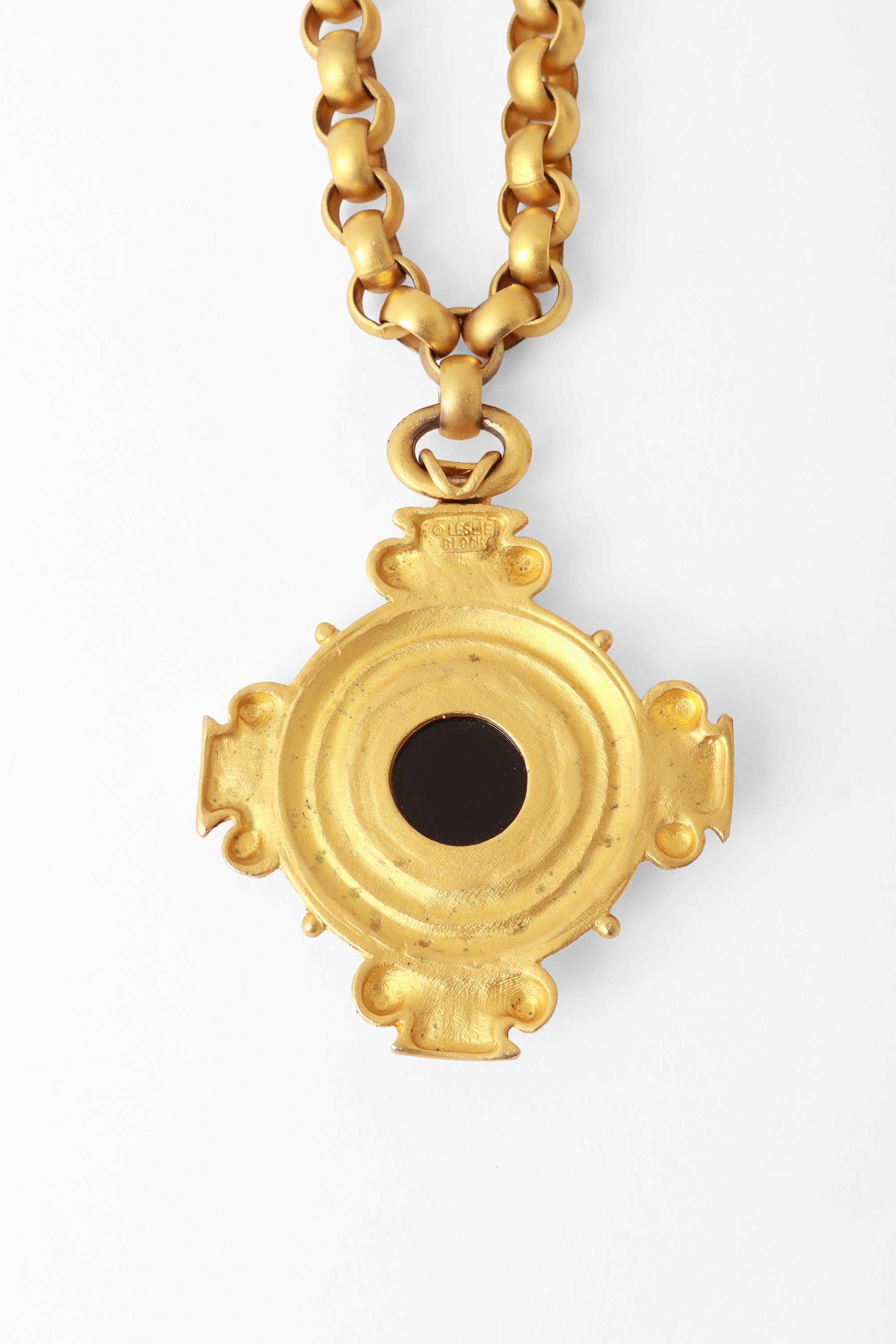 Black Cabochon Gold Pendant Necklace by Leslie Block Back of Pendant up Close @ Recess LA