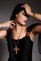 Kenneth Jay Lane Rainbow Byzantine Crystal Cross Pendant Necklace on model @RECESS LA