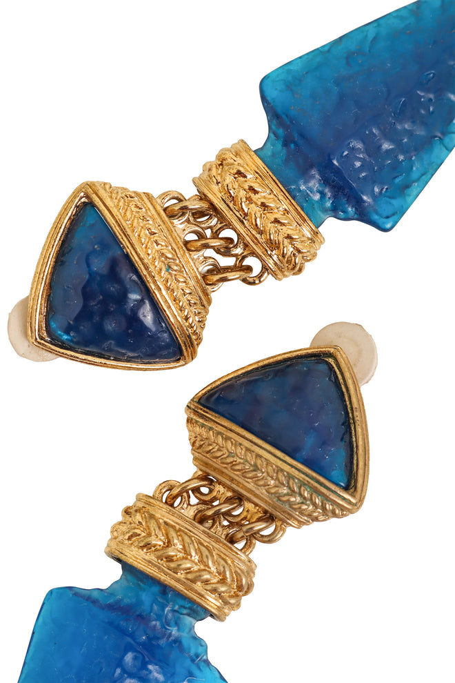 Vintage Guy Laroche Blue Arrowhead Drop Earrings tarnish close @ Recess LA