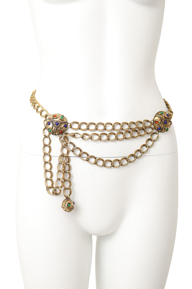 Cabochon Orb Chain Drape Belt on mannequin clipped up @ Recess LA
