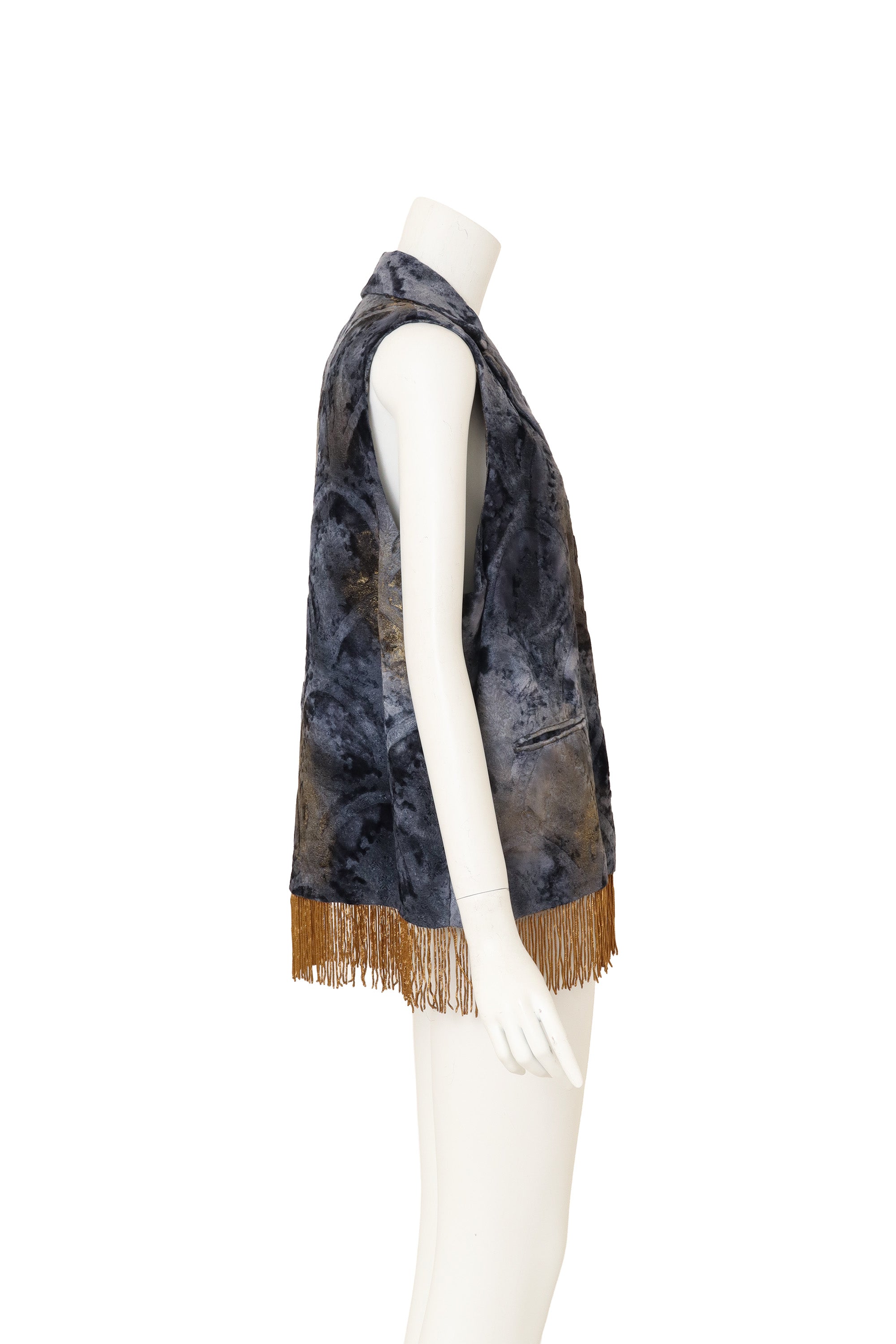 Metallic Fringe Velvet Vest by Romeo Gigli on mannequin side @ Recess LA