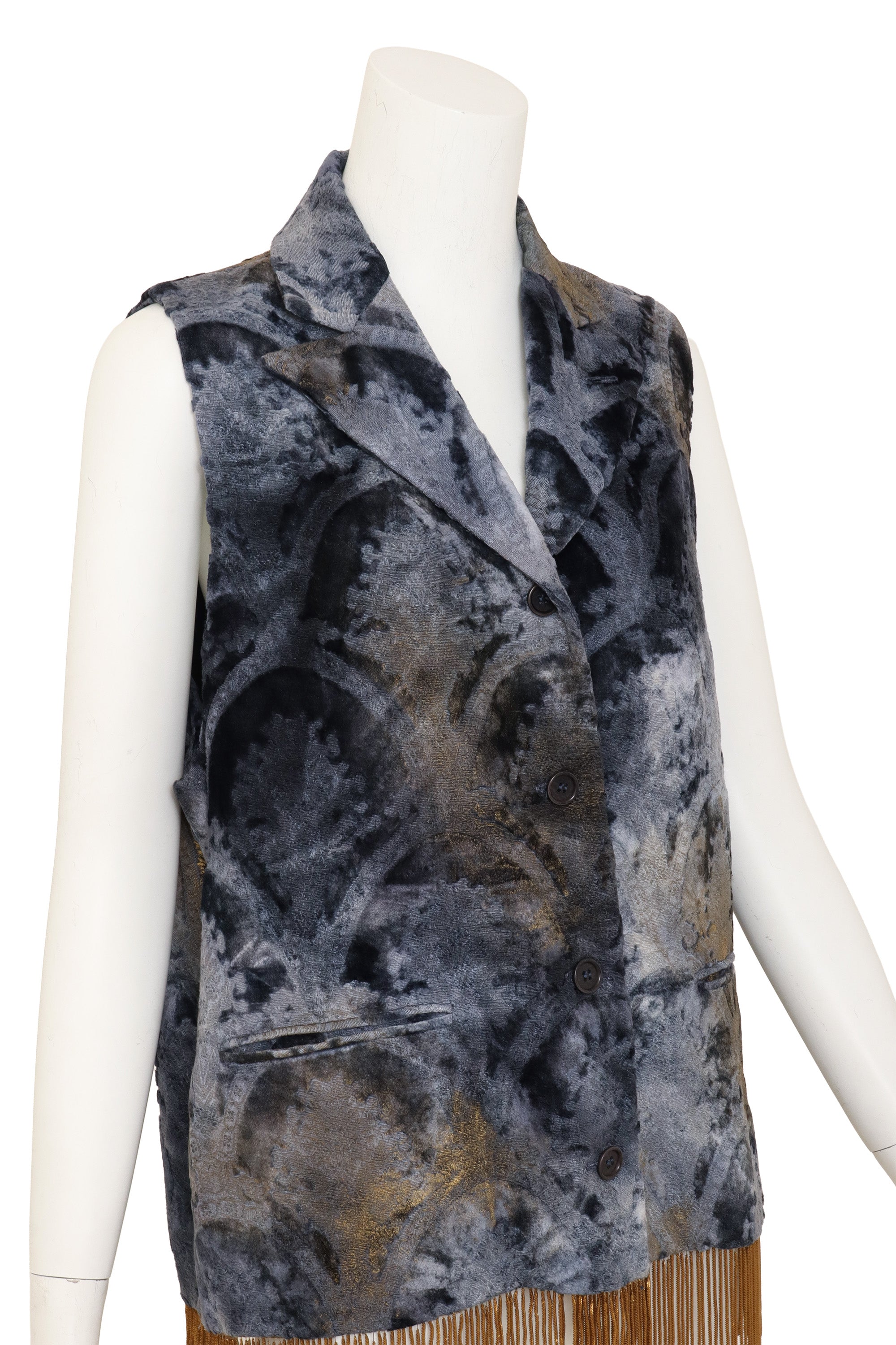 Metallic Fringe Velvet Vest by Romeo Gigli on mannequin close @ Recess LA
