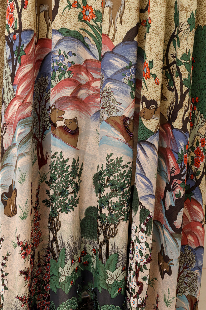 Scenic Landscape Forest Animal Print Silk Duster fabric detail @Recess LA