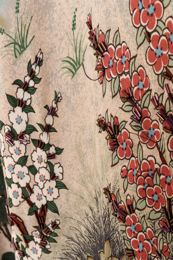 Scenic Landscape Forest Animal Print Silk Duster fabric detail @Recess LA