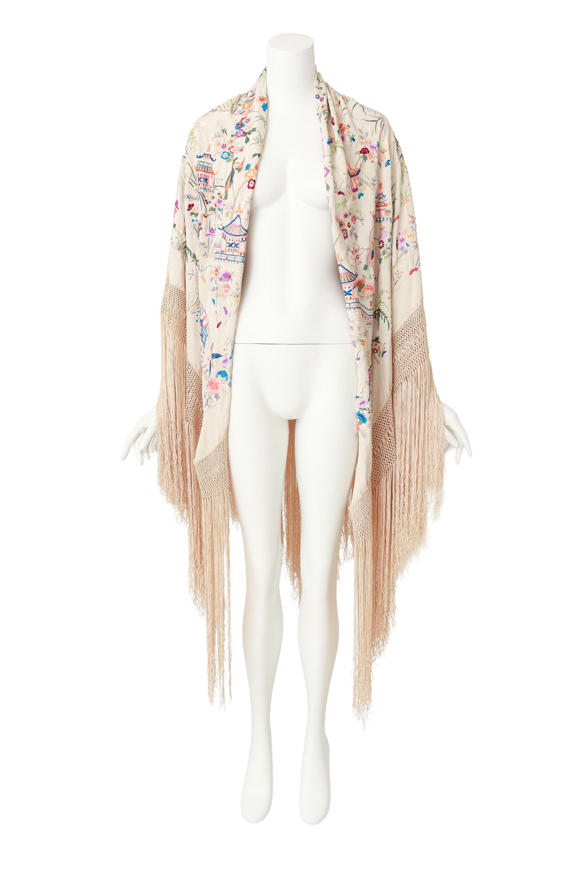 Embroidered Piano shawl on mannequin front @ Recess LA