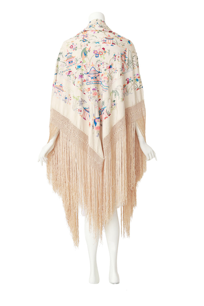 Embroidered Piano shawl on mannequin back @ Recess LA