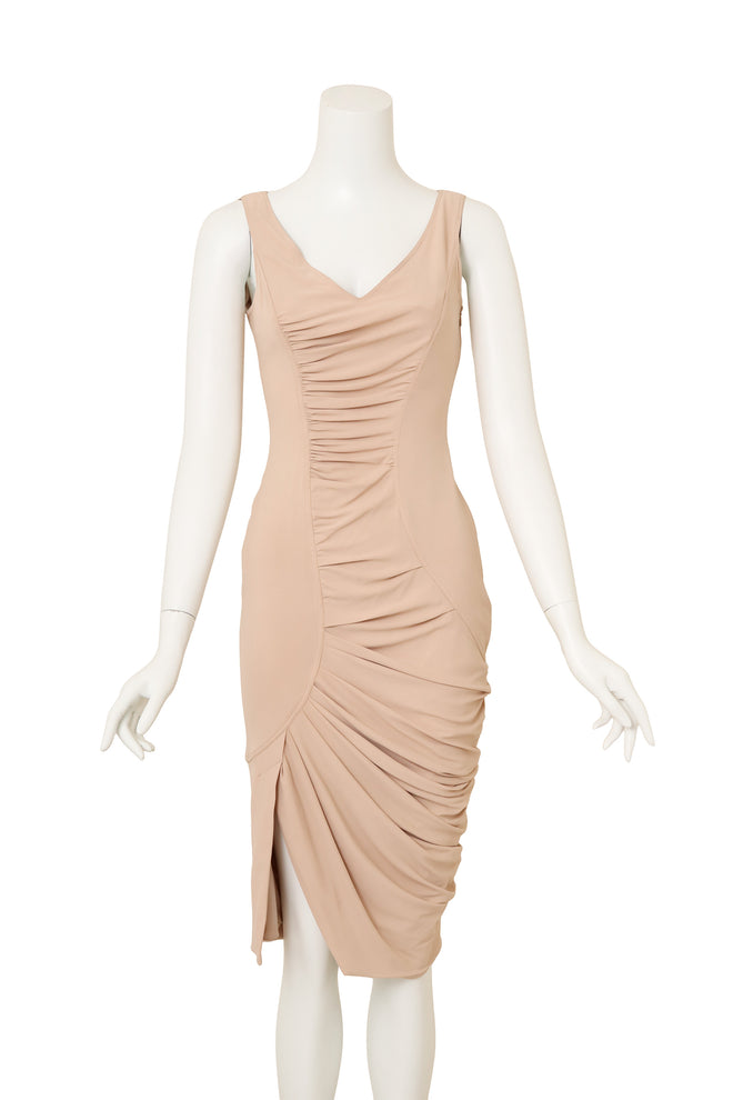 Vintage Galliano for Dior Ruche Draped Cocktail Dress on mannequin @ Recess LA