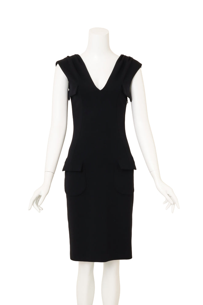 Vintage Galliano for Christian Dior Wool Envelope Pocket V-Neck Dress on mannequin @ Recess LA