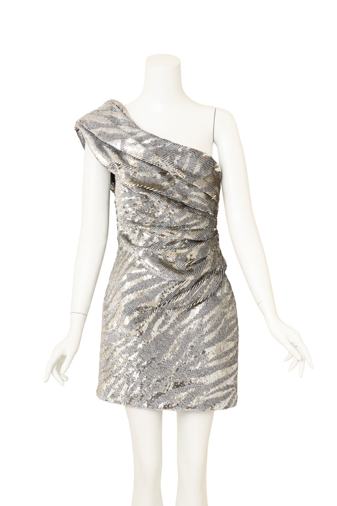 Vintage Saint Laurent off the shoulder sequin mini dress on mannequin @ Recess LA