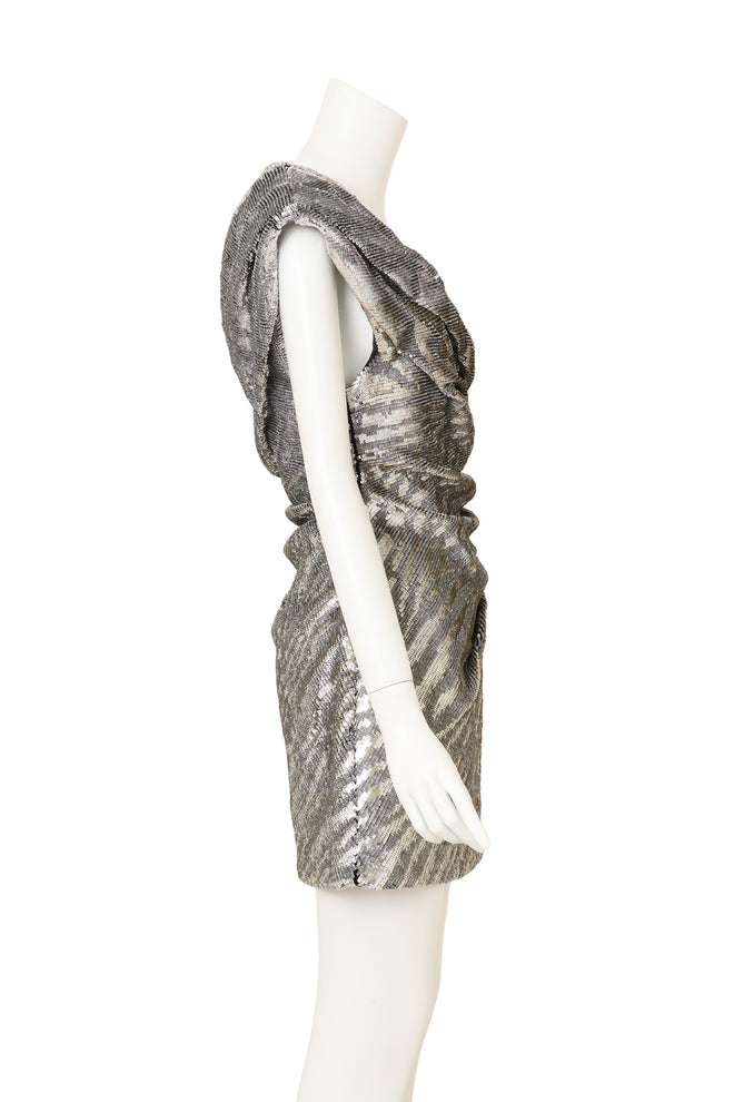 Vintage Saint Laurent off the shoulder sequin mini dress on mannequin side @ Recess LA