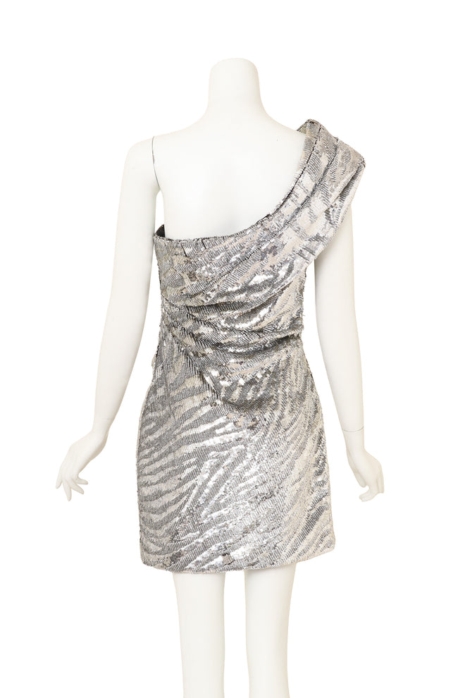 Vintage Saint Laurent off the shoulder sequin mini dress on mannequin back @ Recess LA
