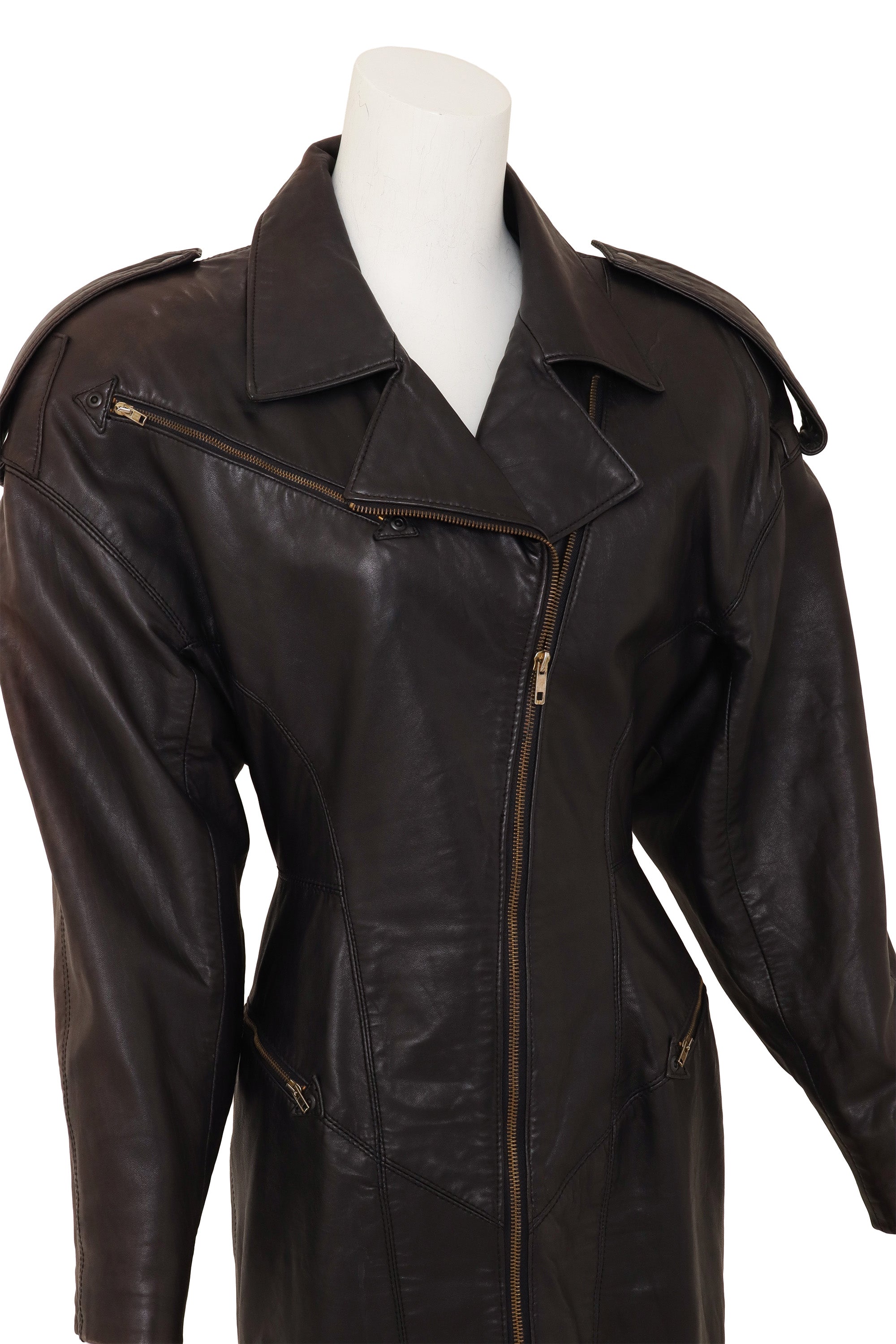 Sculpted Leather Moto Dress by North Beach Leather on mannequin close @ Recess LA