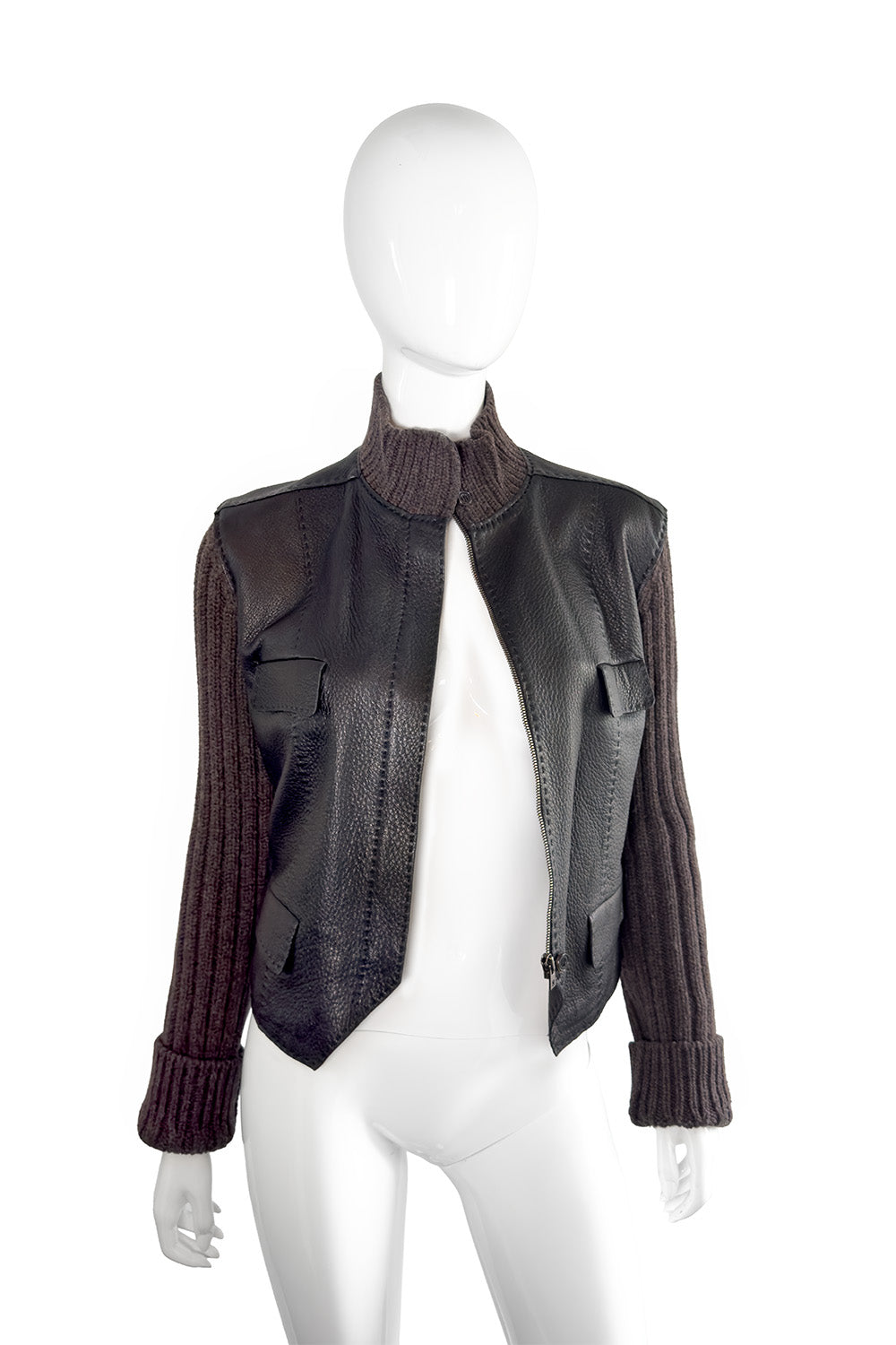 Hermés Knit Sleeve Leather Jacket open front on mannequin @recess la