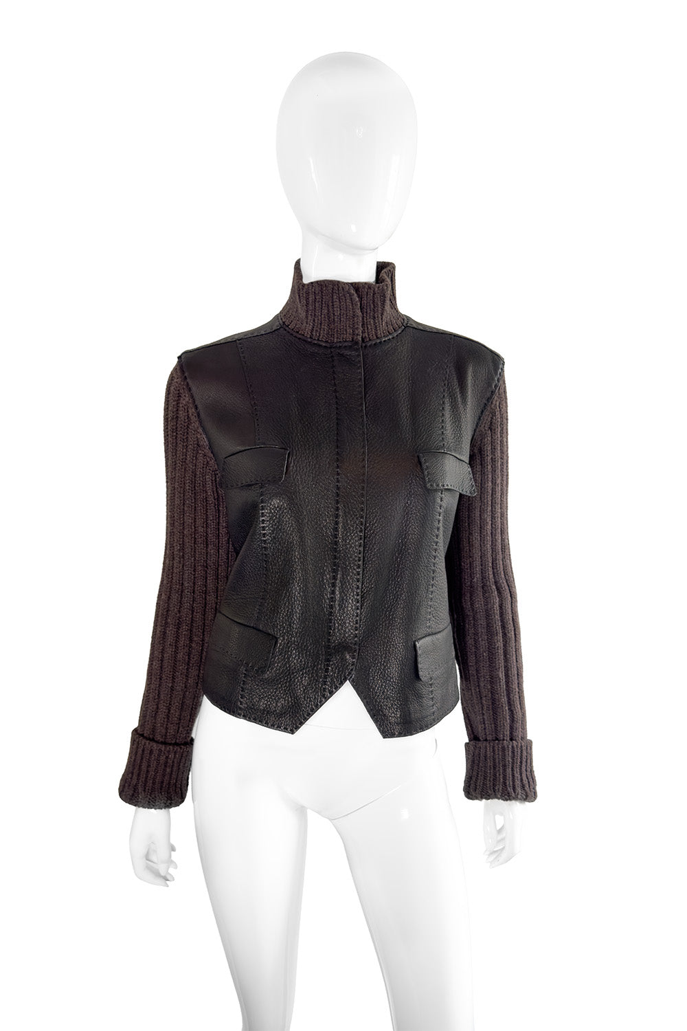 Hermés Knit Sleeve Leather Jacket front on mannequin @recess la