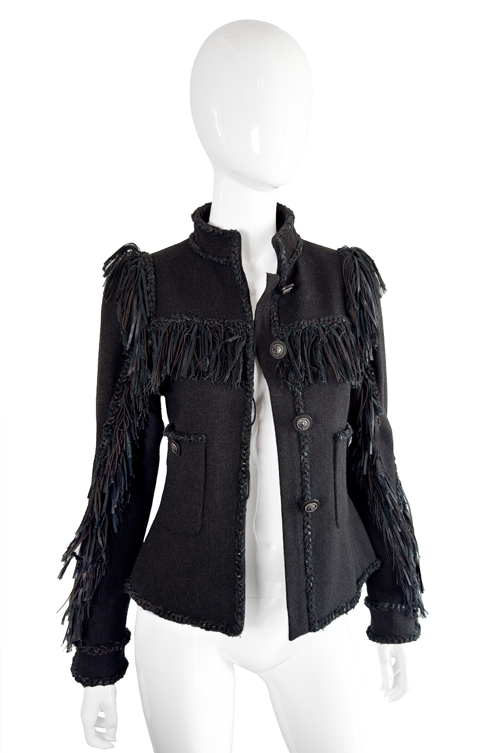 Chanel 2014 Pre-Fall Herringbone Leather Fringe Jacket open front on mannequin @recess la