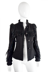 Chanel 2014 Pre-Fall Herringbone Leather Fringe Jacket open front on mannequin @recess la