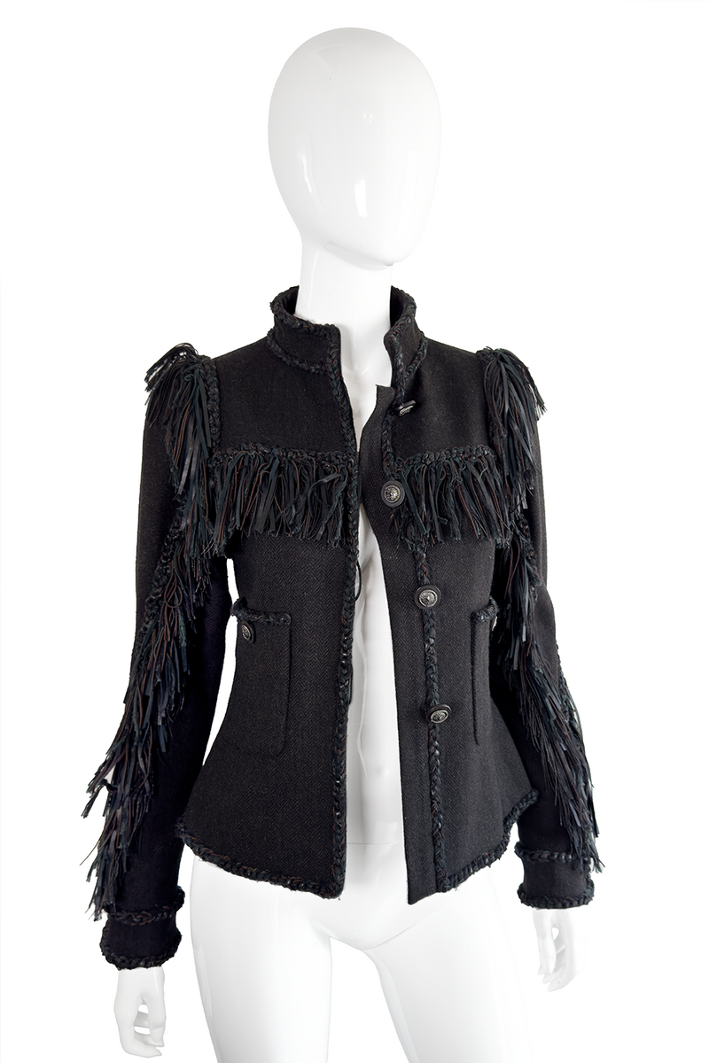 Chanel 2014 Pre-Fall Herringbone Leather Fringe Jacket open front on mannequin @recess la