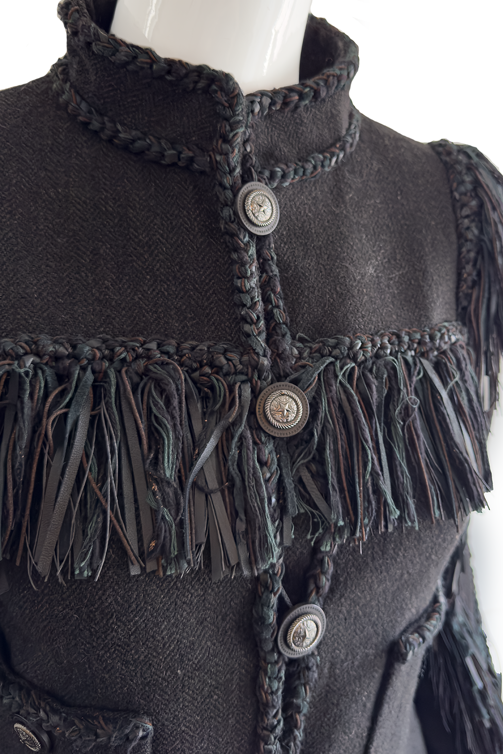 Chanel 2014 Pre-Fall Herringbone Leather Fringe Jacket front detail on mannequin @recess la