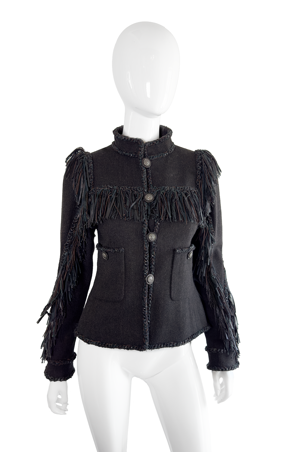 Chanel 2014 Pre-Fall Herringbone Leather Fringe Jacket front on mannequin @recess la