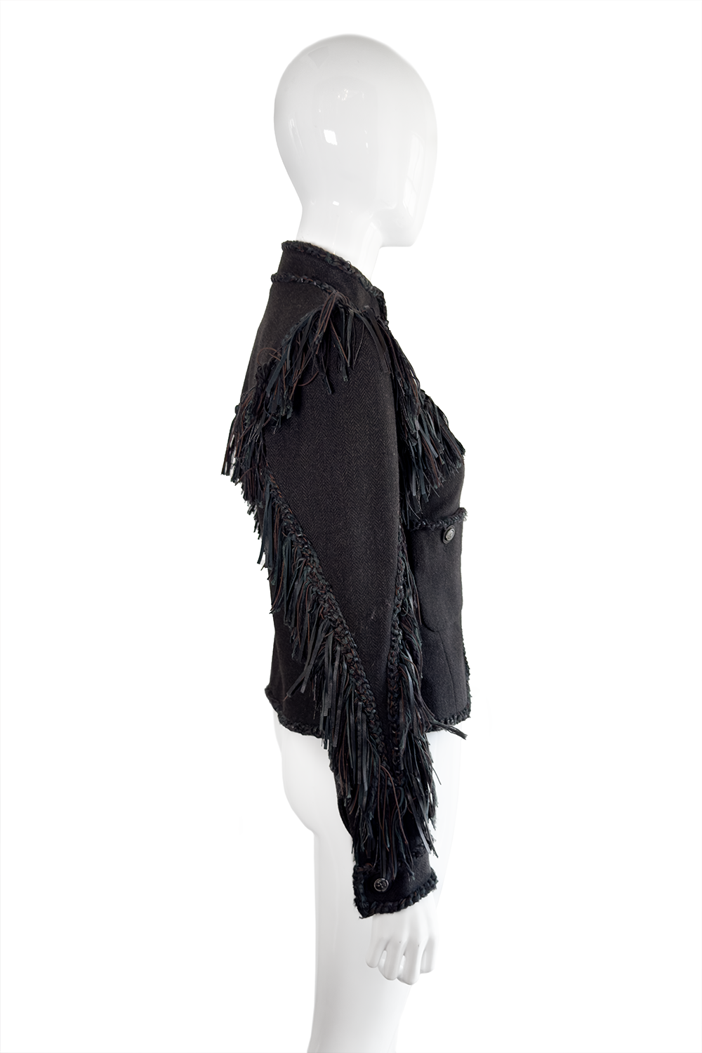 Chanel 2014 Pre-Fall Herringbone Leather Fringe Jacket side on mannequin @recess la