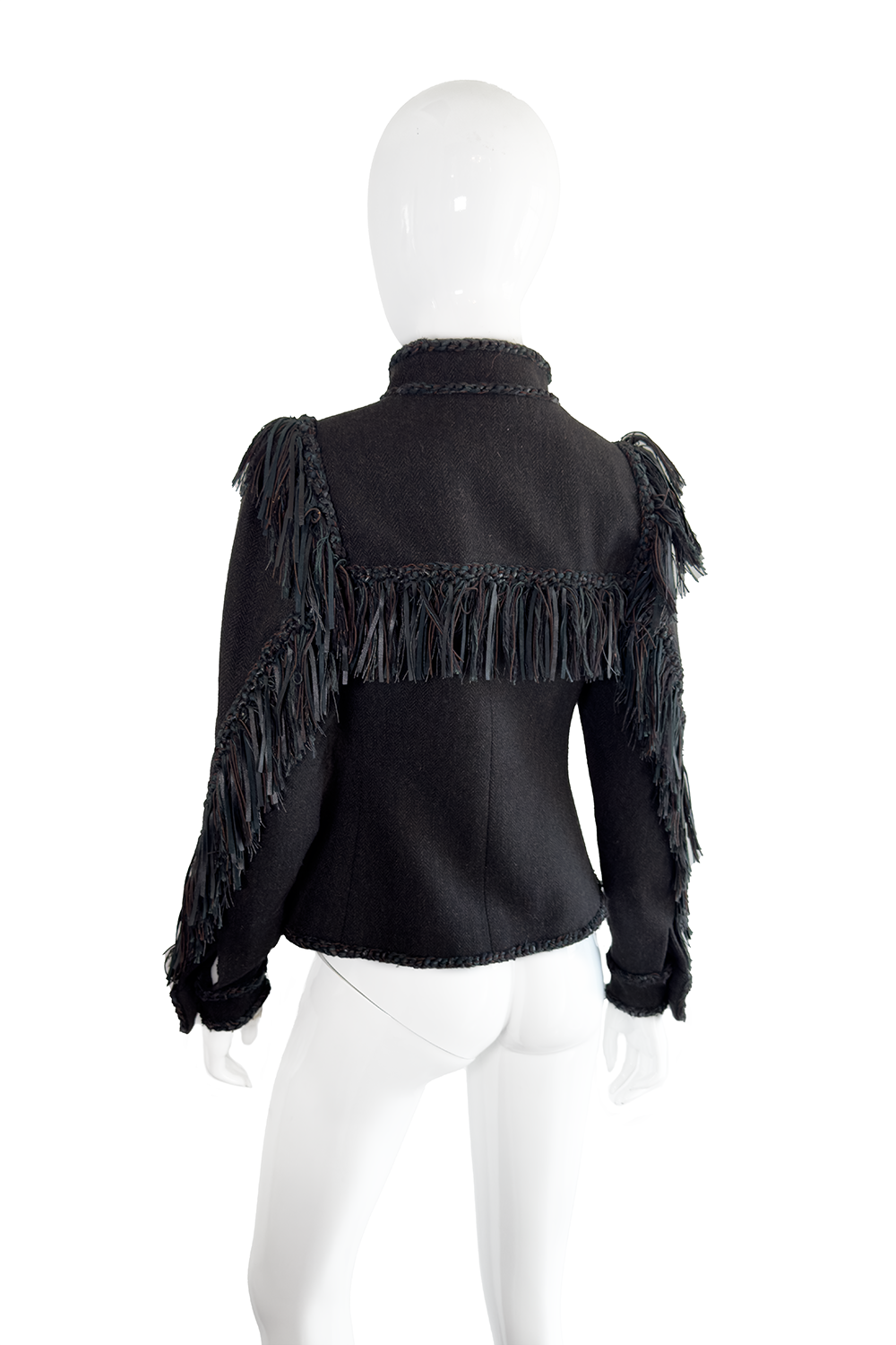 Chanel 2014 Pre-Fall Herringbone Leather Fringe Jacket back on mannequin @recess la