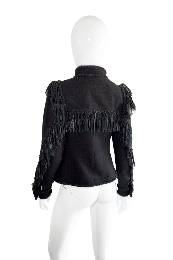 Chanel 2014 Pre-Fall Herringbone Leather Fringe Jacket back on mannequin @recess la
