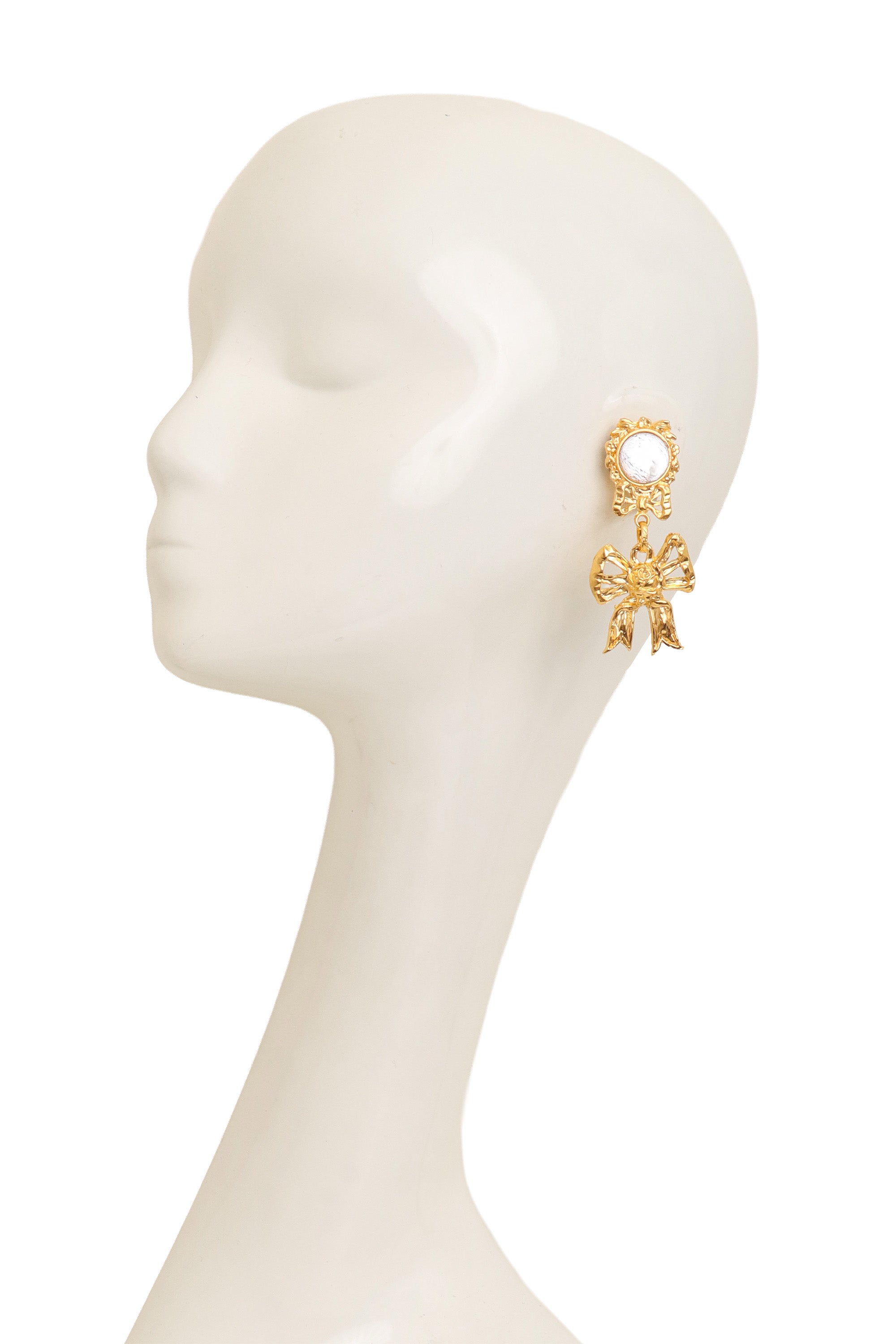 Filigree Ribbon Detail Glass Cabochon Drop Earrings on mannequin @Recess LA