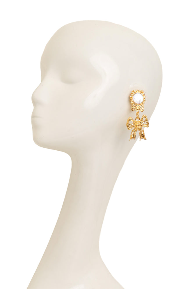 Filigree Ribbon Detail Glass Cabochon Drop Earrings on mannequin @Recess LA