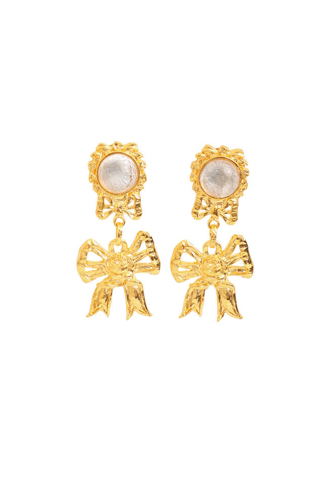 Filigree Ribbon Detail Glass Cabochon Drop Earrings @Recess LA