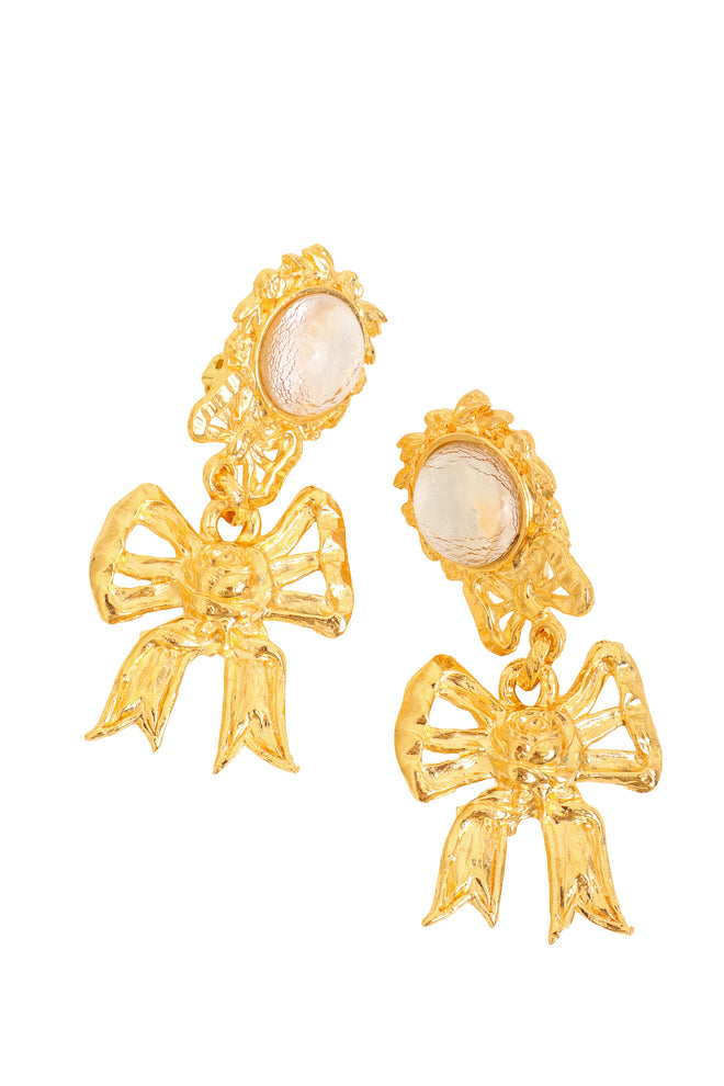 Filigree Ribbon Detail Glass Cabochon Drop Earrings front view @Recess LA