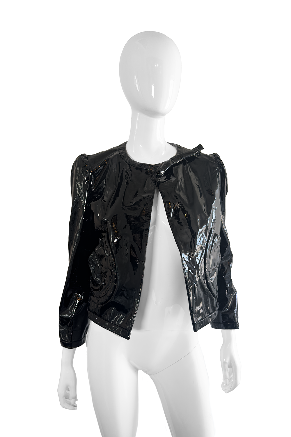 Miu Miu Patent Leather Bow Jacket open front on mannequin @recess la
