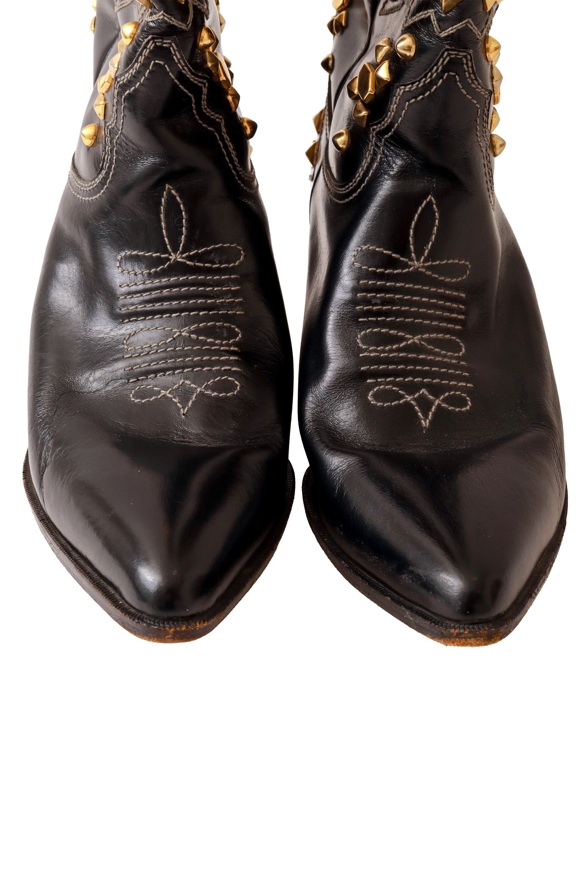 Studded black leather cowboy boots by Susan Bennis Warren Edwards Toe Box Close @ Recess LA