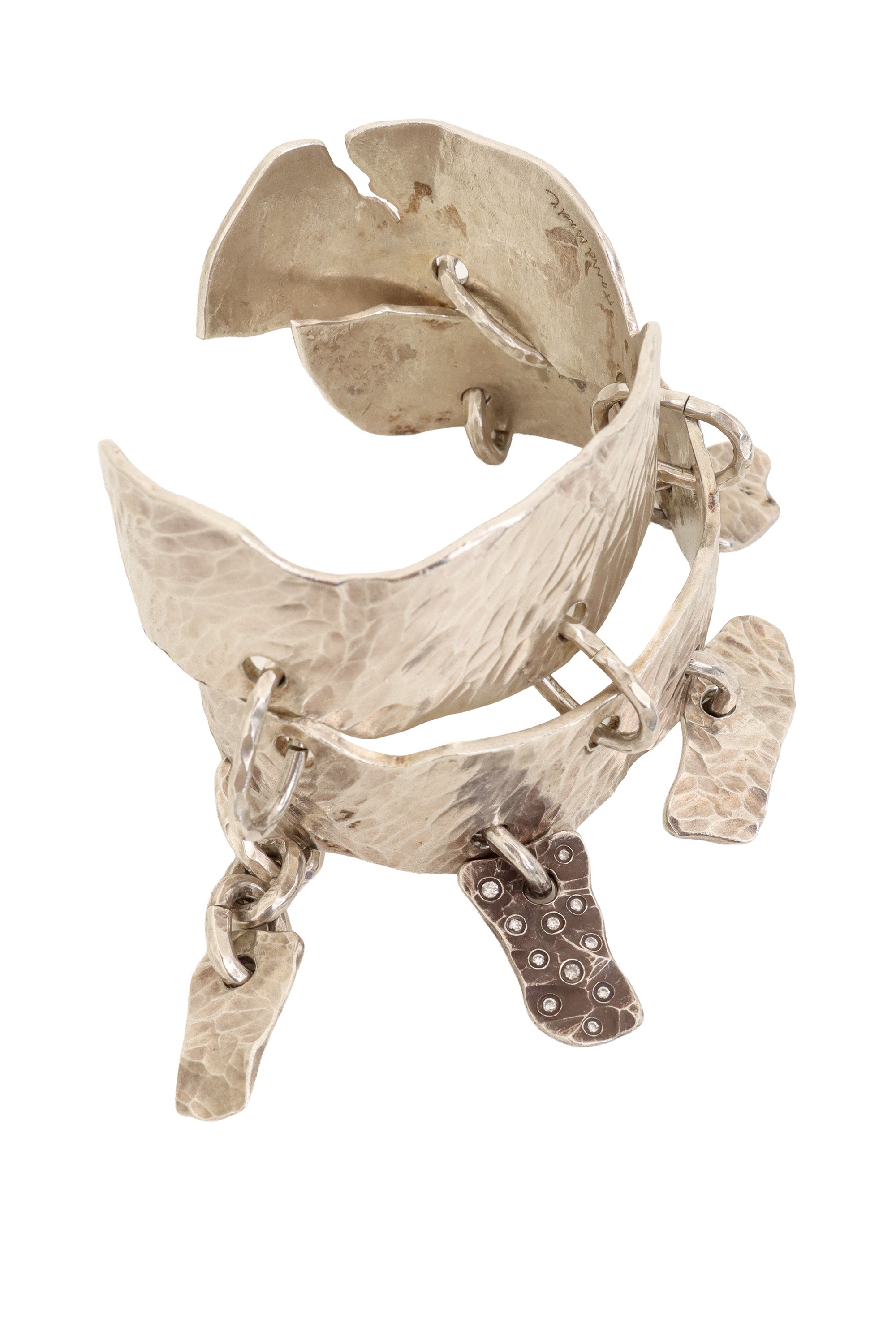 Fine Silver Artisan Hammered Charm Cuff from above @ Recess LA