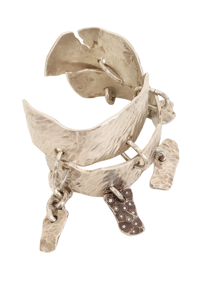 Fine Silver Artisan Hammered Charm Cuff from above @ Recess LA