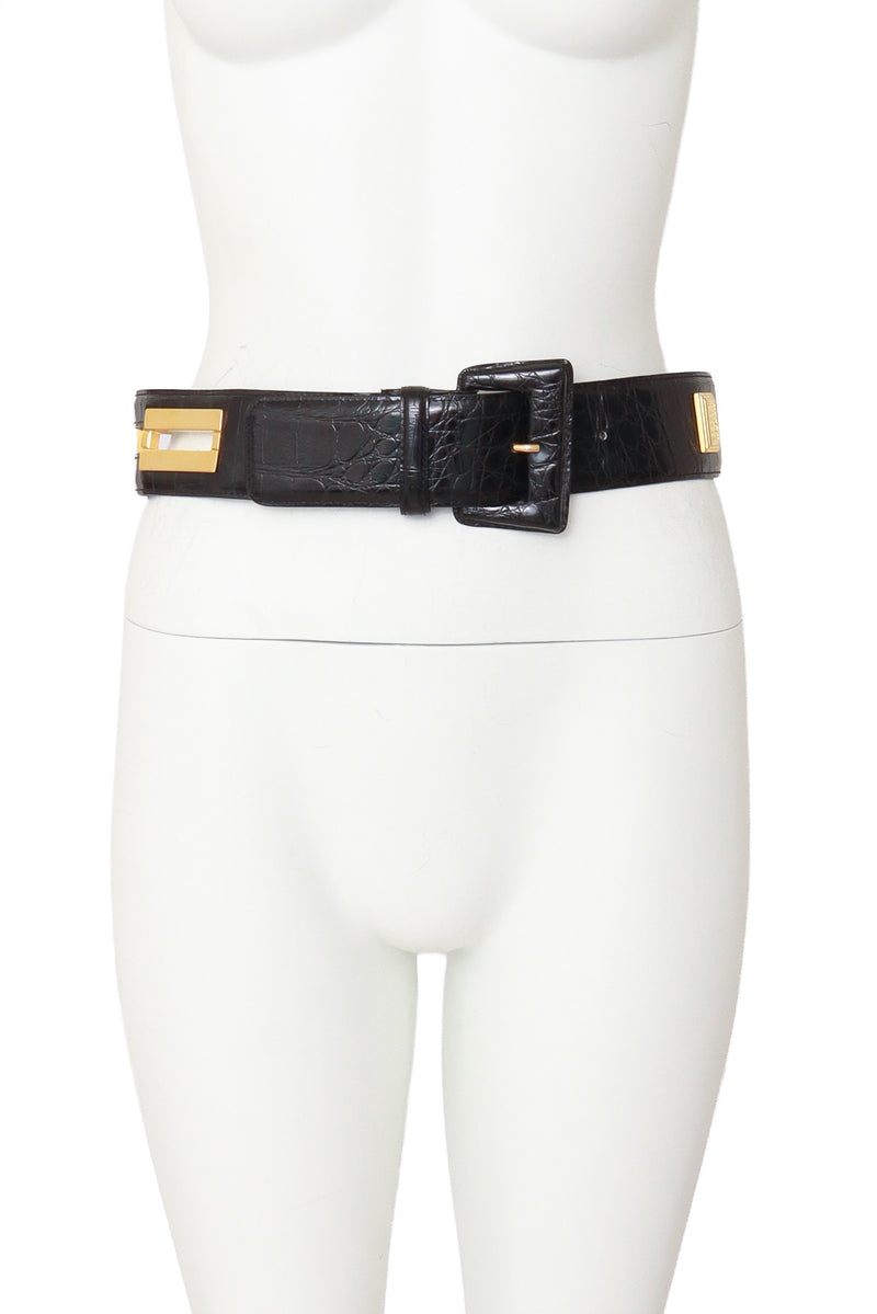 Black and Gold Women\'s Belt Gianfranco Ferré Gianfranco Ferre Logo Charm Croc Embossed Belt main image 4