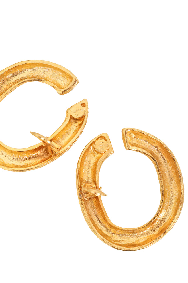 Brushed Organic Hoop Earrings R L etching close @ Recess LA