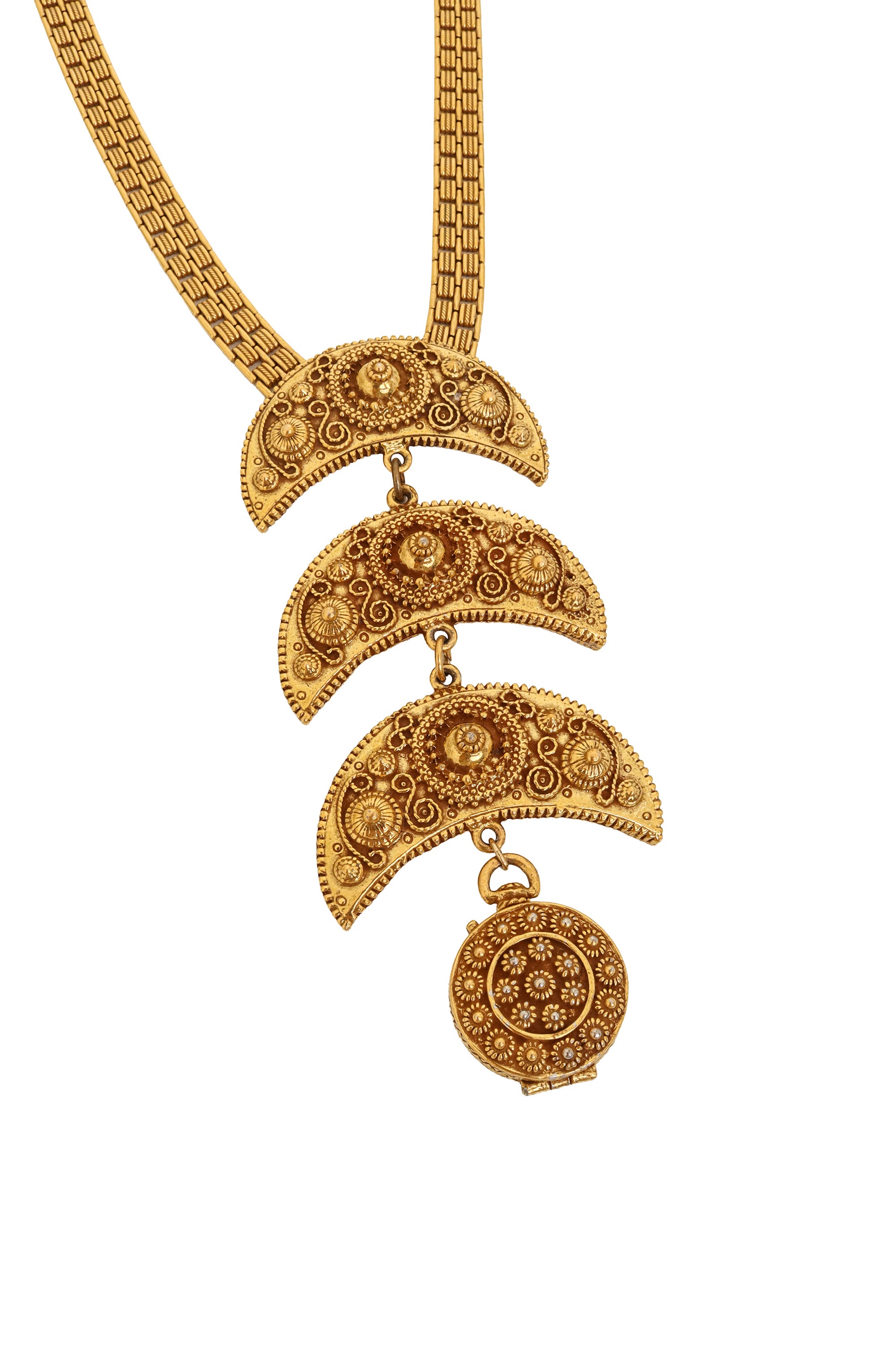 Ornate Crescent Drop Locket Necklace by Goldette close @ Recess LA