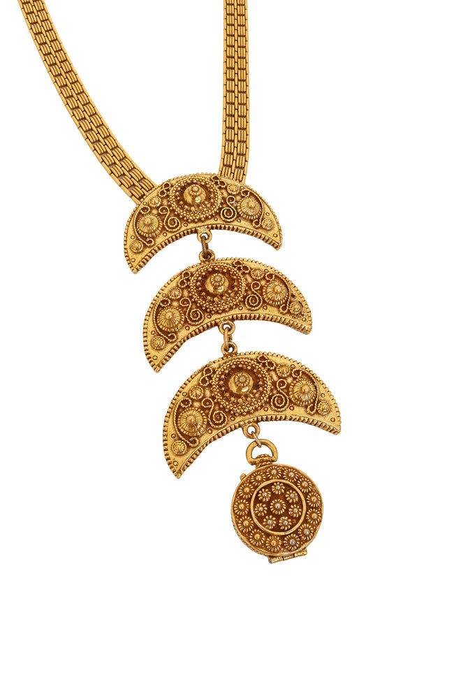 Ornate Crescent Drop Locket Necklace by Goldette close @ Recess LA