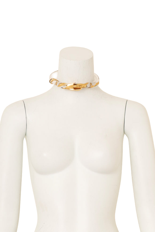 Vintage Lucite Brutalist Gilded Tube Collar on mannequin @ Recess LA