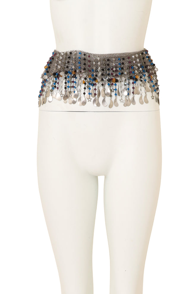 Metal Mesh Bead Fringe Necklace Belt on mannequin as belt @ Recess LA