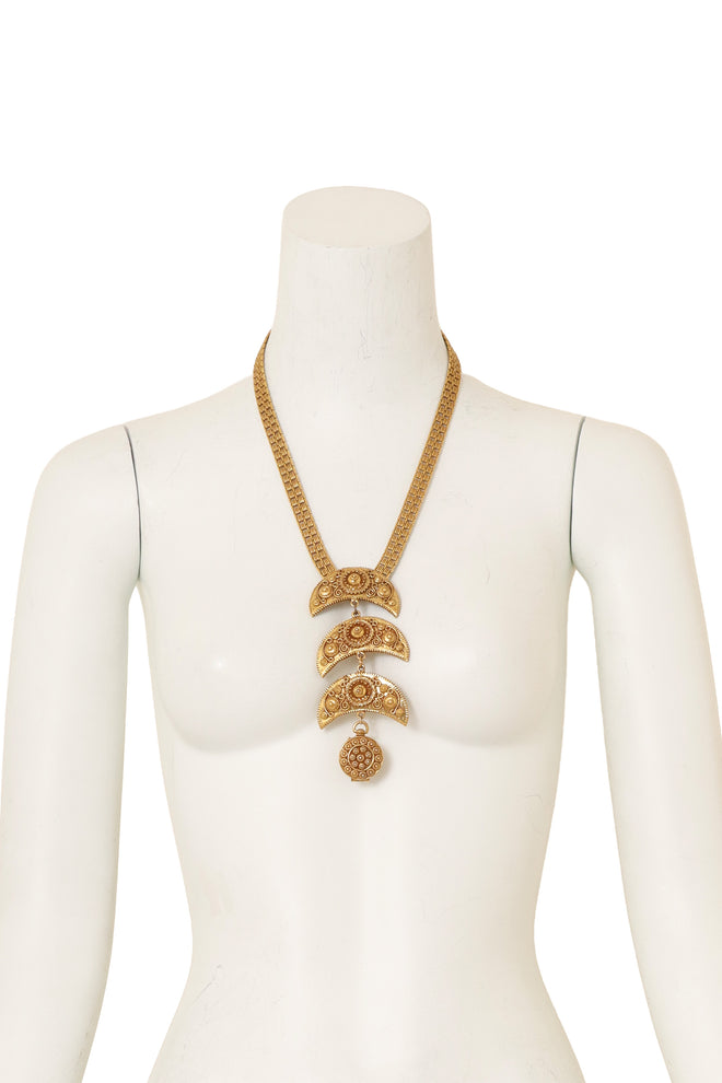 Ornate Crescent Drop Locket Necklace by Goldette on mannequin @ Recess LA