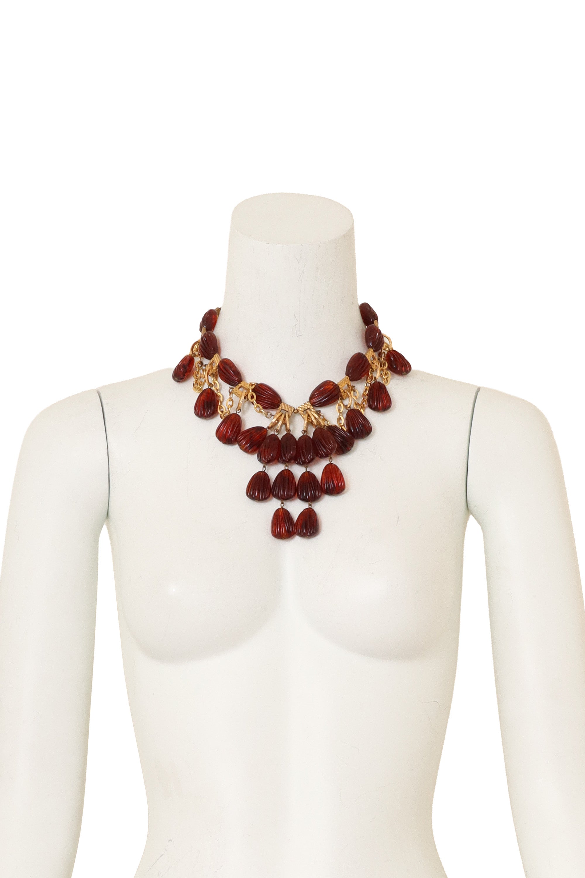 Carved Amber Resin Bib Necklace on mannequin @ Recess LA
