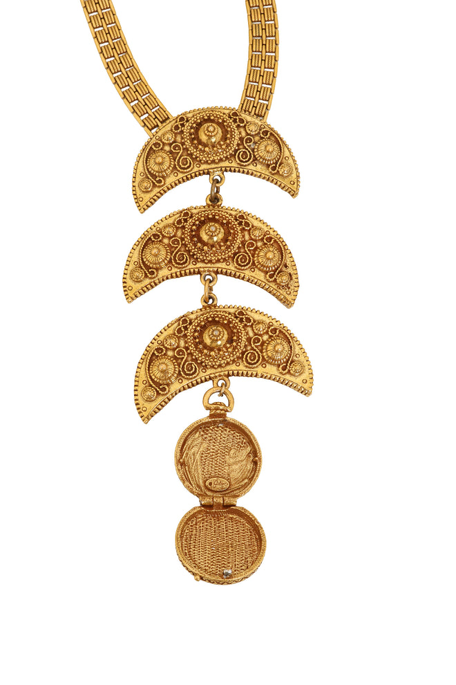 Ornate Crescent Drop Locket Necklace by Goldette locket open