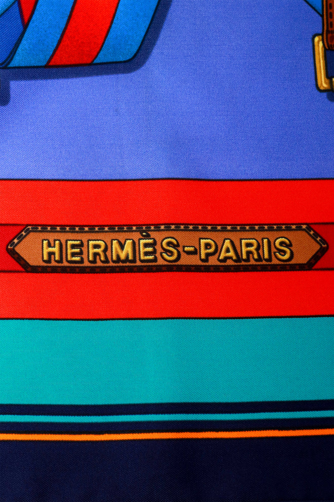 Large silk multi-color belt print scarf by Hermés logo signature @ Recess LA