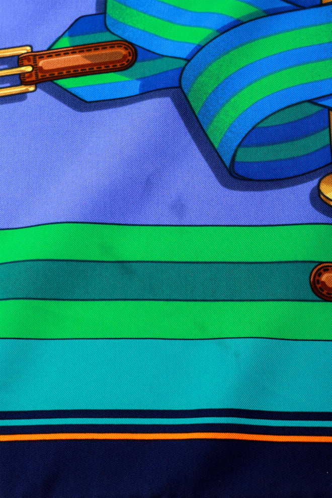 Large silk multi-color belt print scarf by Hermés stain 2 @ Recess LA
