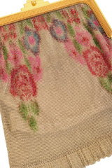 Vintage Whiting & Davis Gold Ribbed Frame Rose Mesh Bag print close @ Recess LA