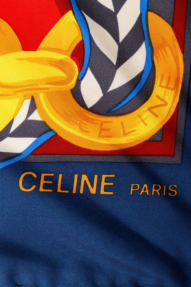 Large silk striped ribbon chain print scarf by Celine logo signature @ Recess LA