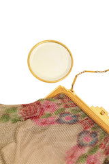 Vintage Whiting & Davis Gold Ribbed Frame Rose Mesh Bag with mirror @ Recess LA