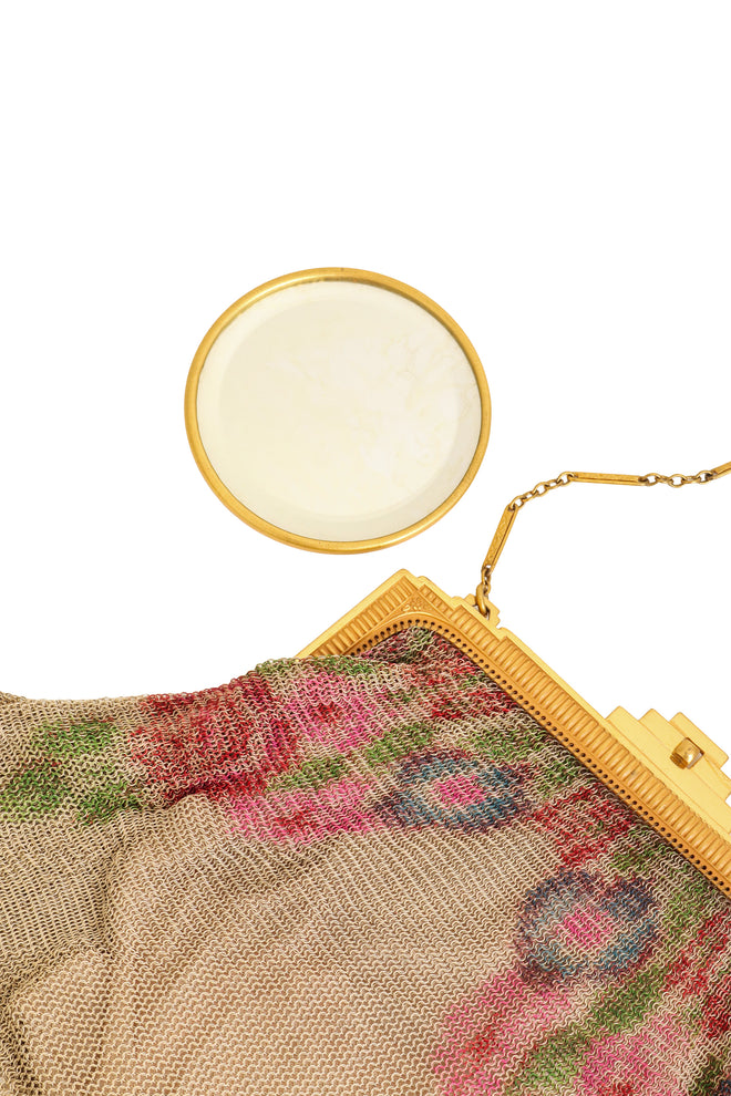 Vintage Whiting & Davis Gold Ribbed Frame Rose Mesh Bag with mirror @ Recess LA
